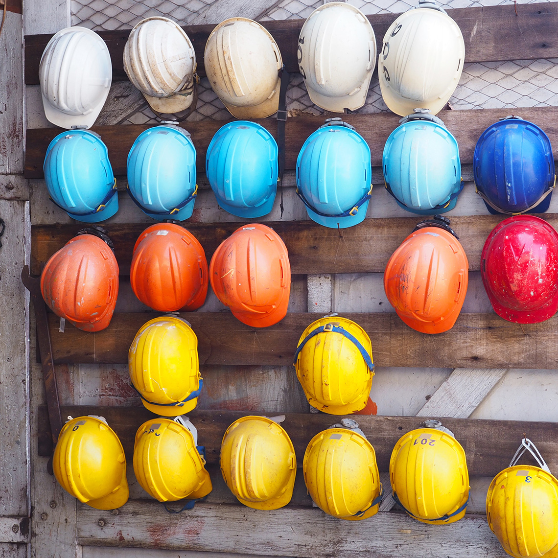a collection of hard hats ready for use