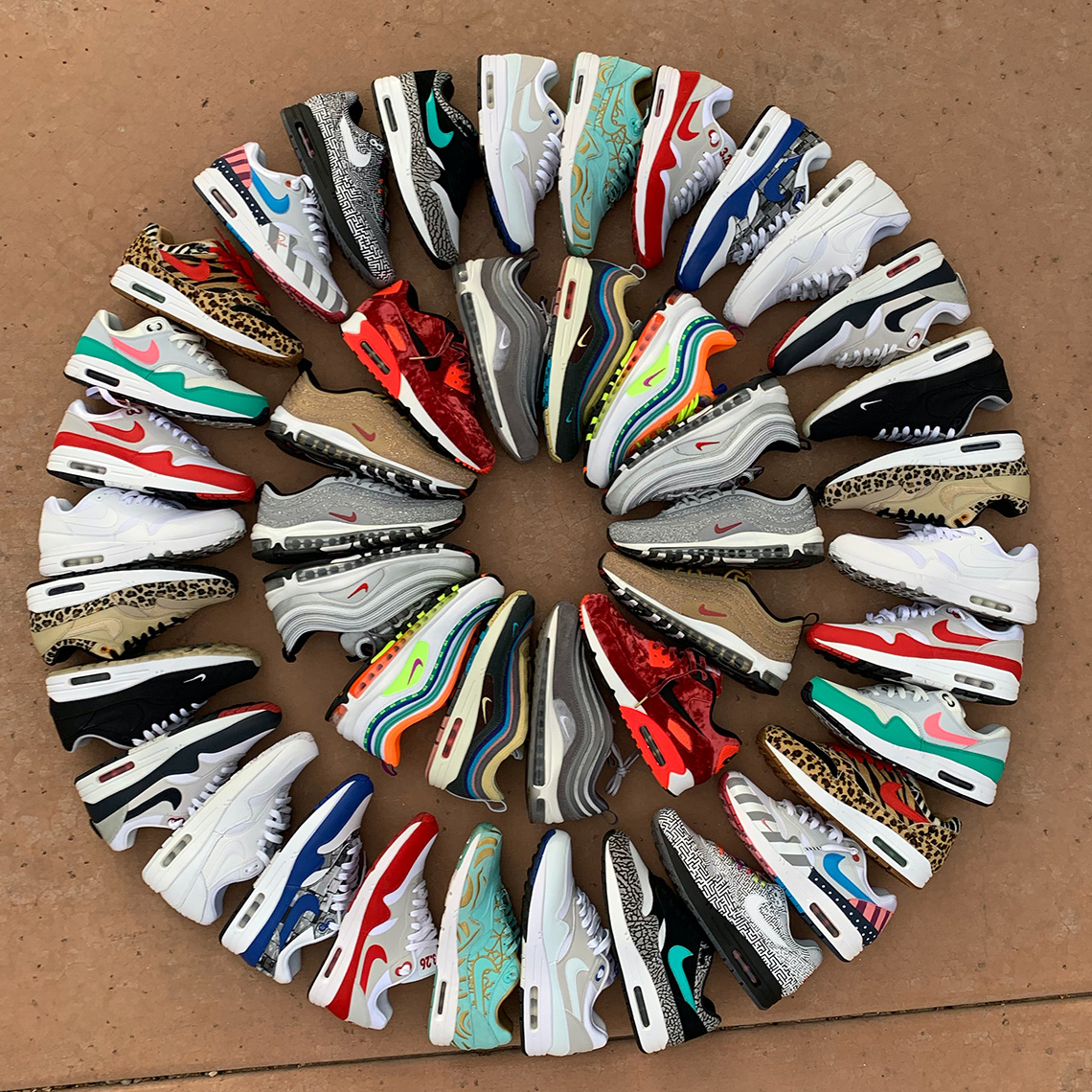 multicolored athletic shoes arranged in two concentric circles