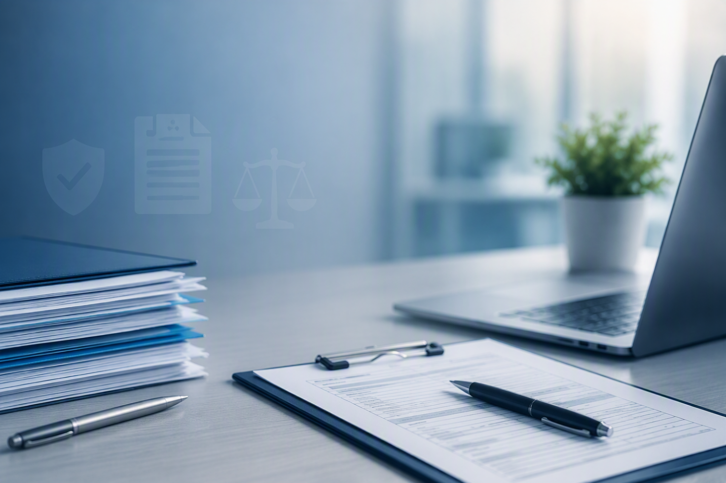 laptop in an office with a stack of paper and a plant and a clipboard and a pen